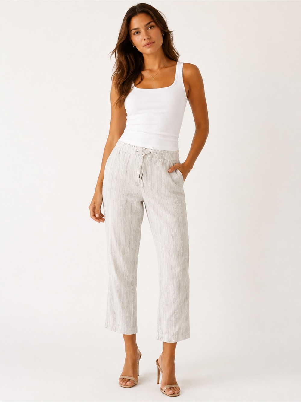 Chico’s Linen Striped Drawstring Ankle Pants Women’s S Coastal Resortwear